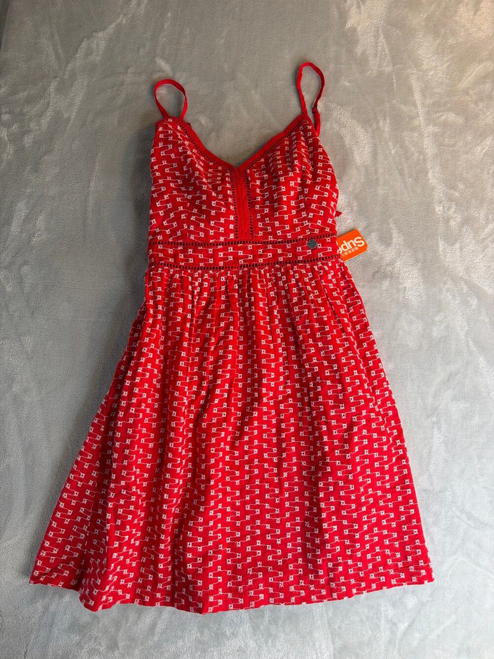 Superdry Jessie V-Neck Cami Mini Dress Red Embroidered Lace Tie Back Size XS